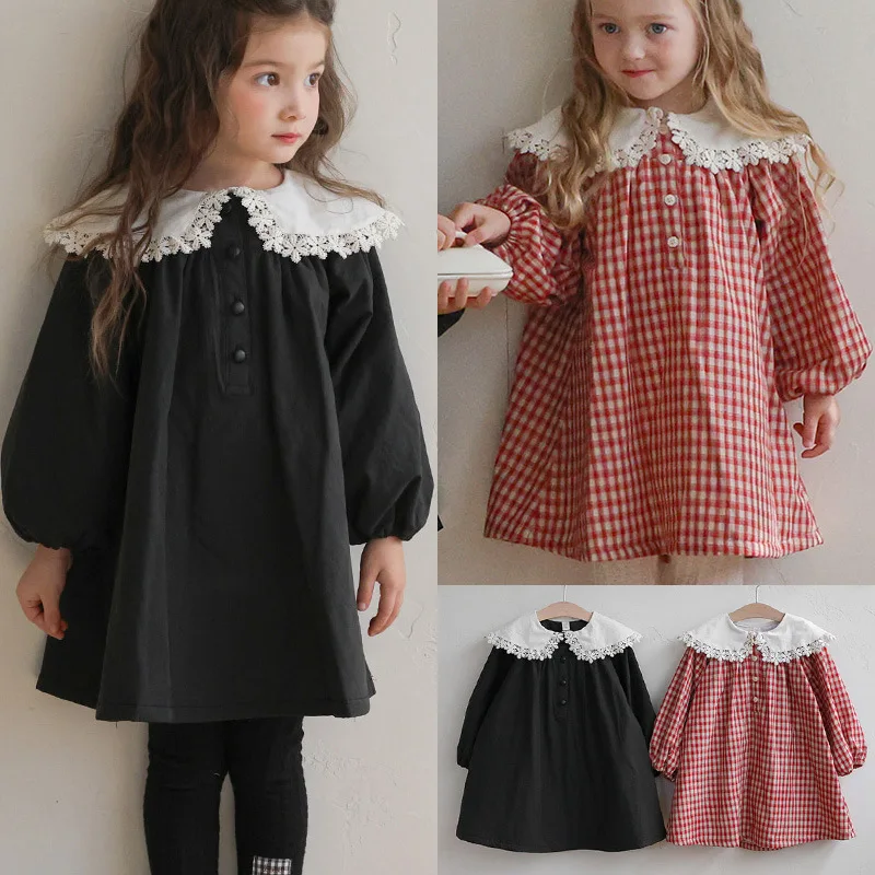 

Girls' Dress 2026 Spring New Arrival Red Striped Fashion Children's Dress Cotton Collared Sweet Princess Dress Kids' Clothing