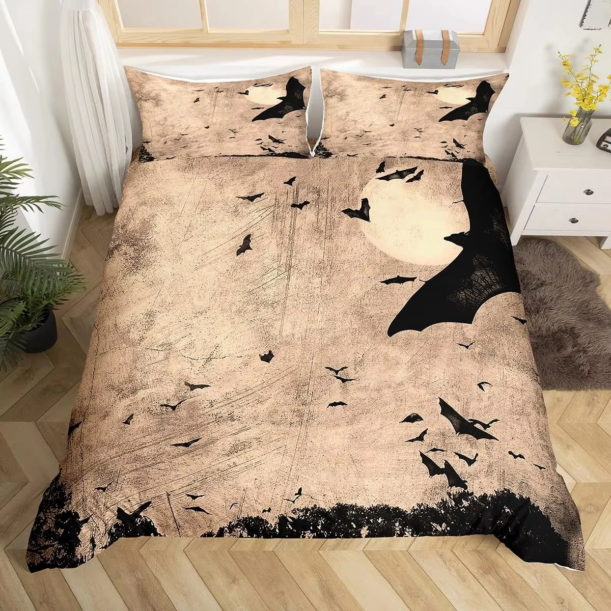 Halloween Duvet Cover King Gothic Spider Web Bats Comforter Cover Night Sky Orange Moon Bedding Set Grunge Style Quilt Cover