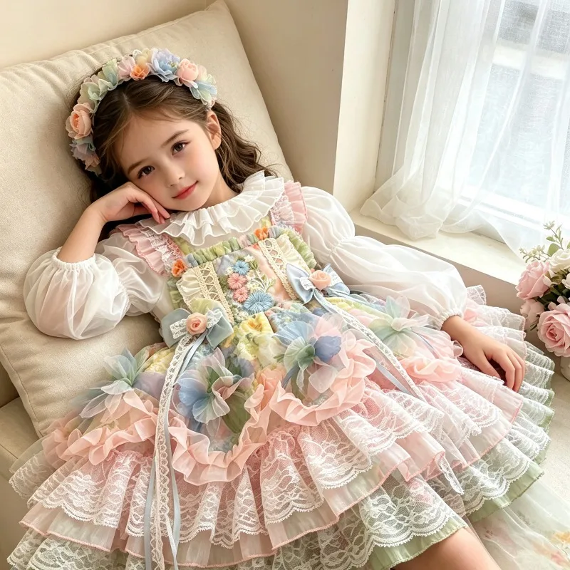 Kids Lolita Dress Ruffle Collar Multi‑Layer Lace Ruffled Skirt Floral Headband Fairy Princess Outfit Girls Birthday Costume
