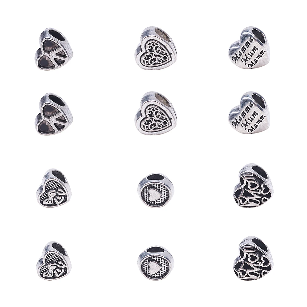 60 Pcs Heart Shape Alloy European Beads 6 Assorted Styles Style Metal Loose Beads Large Hole Spacer Beads for Jewelry Making
