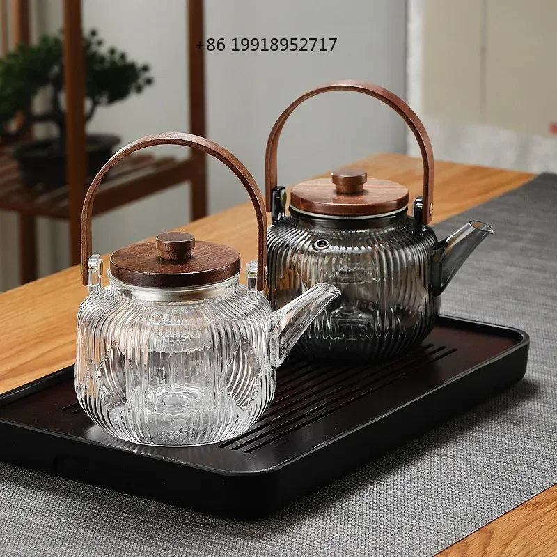 Glass Tea Pot Teapot 800ml High Heat Temperature Resistance Multifunctional Borosilicate Teapot with Wood Handle JJ44