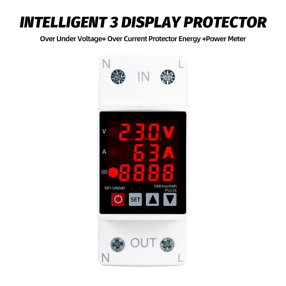 

230V 63A 3in1 Display Din Rail Adjustable Over Under Voltage Surge Protector Relay Over Current Protect Kwh Power Watt Meter