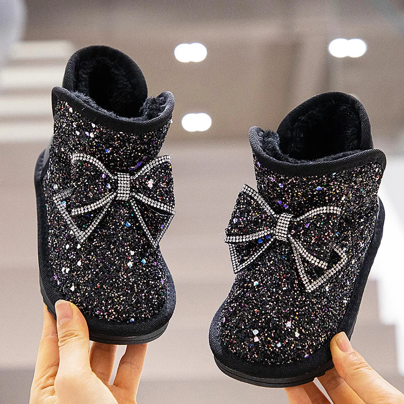 Child Snow Boot 2025winter New Sequined Girl Velvet Thick Soled Boots Girl Butterfly Bow Anti Slip Comforta Princess Short Boots