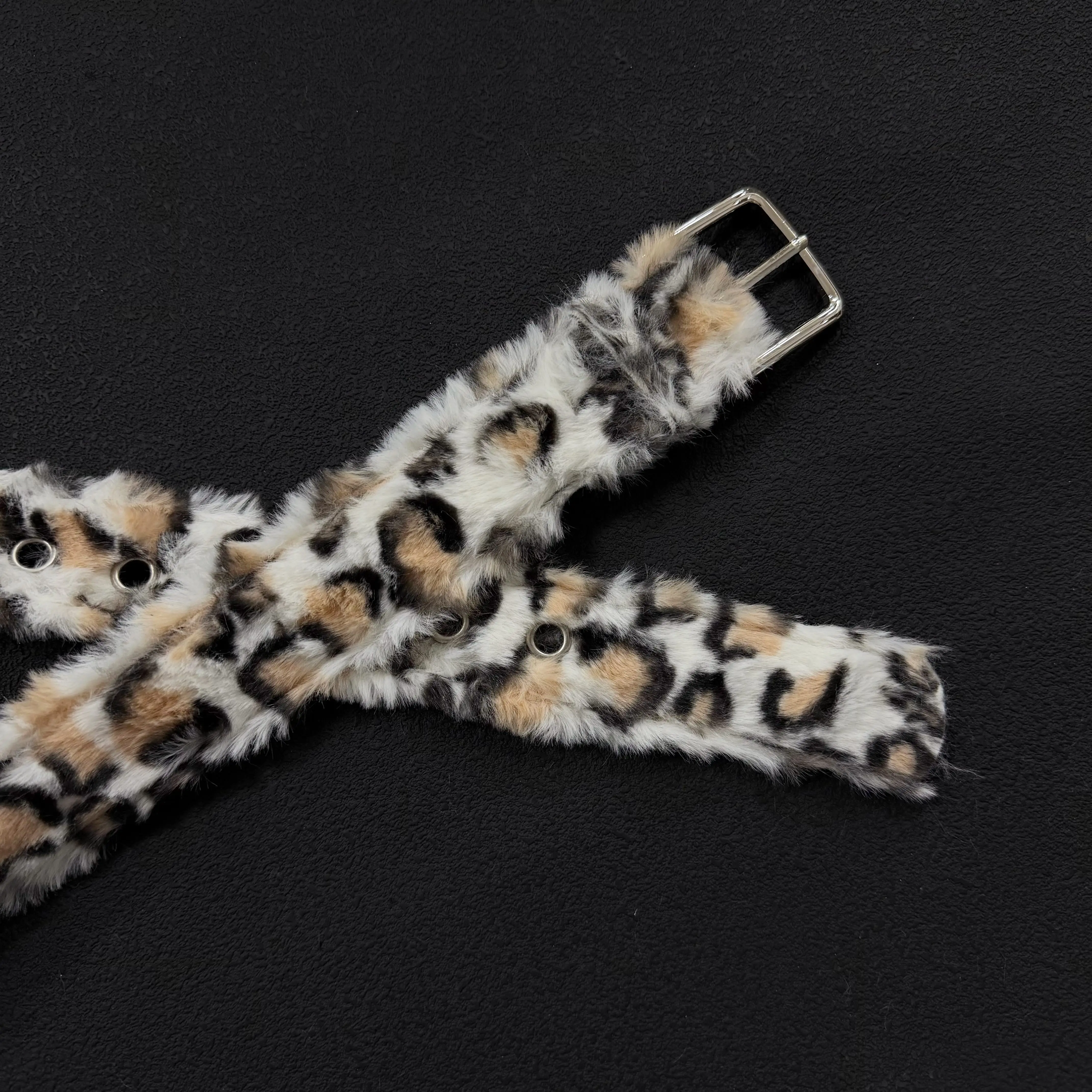 White-Brown Fuzzy Leopard-Print Belt, Unisex Y2K Style with Stylish Metal Pin Buckle, Fashion-Forward Accessory