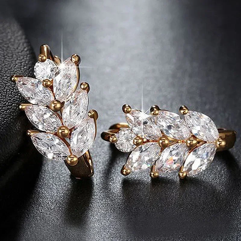 Huitan Leaf Shape Hoop Earrings Women with Marquise White Cubic Zirconia Fashion Contracted Small Circle  Trendy Jewelry