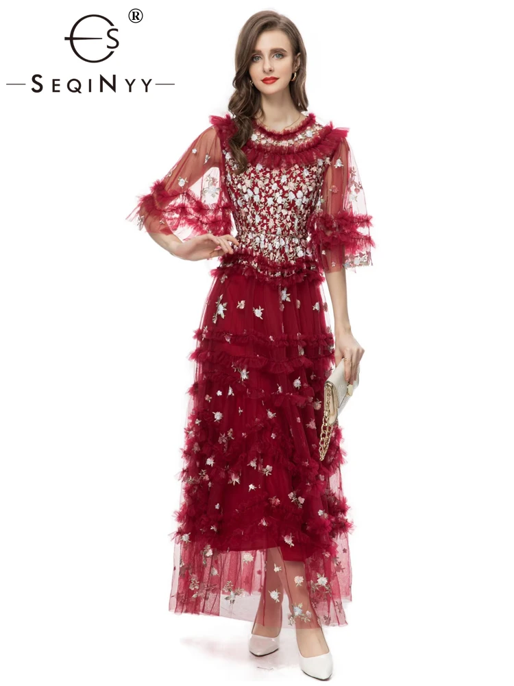 SEQINYY Elegant Midi Dress Party Summer Spring New Fashion Design Women Flare Sleeve High Quality Embroidery Flower Ruffles