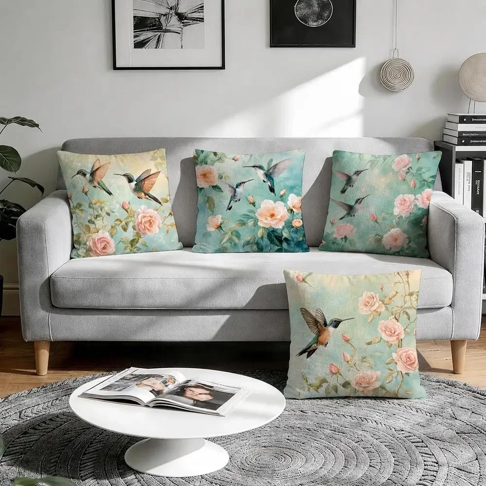 Hummingbirds & Roses Cushion Cover Natural Breathable Durable Linen Printed Decor Pillow Case Sofa Bedroom