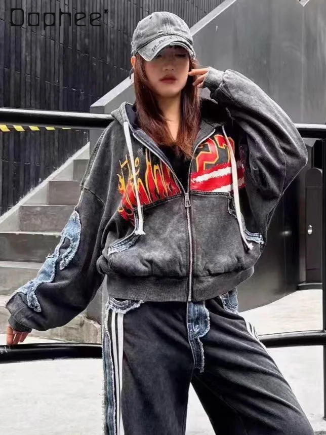 

European Style Sweatshirt Cardigan 2026 Spring New Personalized Graffiti Letter Print Patchwork Denim Jacket Coat Hoodies Women