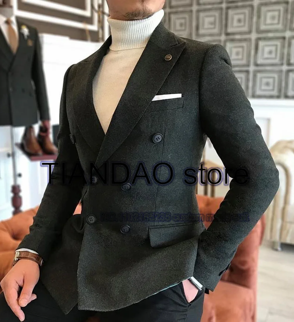 Giacca da uomo doppiopetto giacca da lavoro formale pantaloni 2 pezzi cappotto di lana grigio scuro smoking da sposa