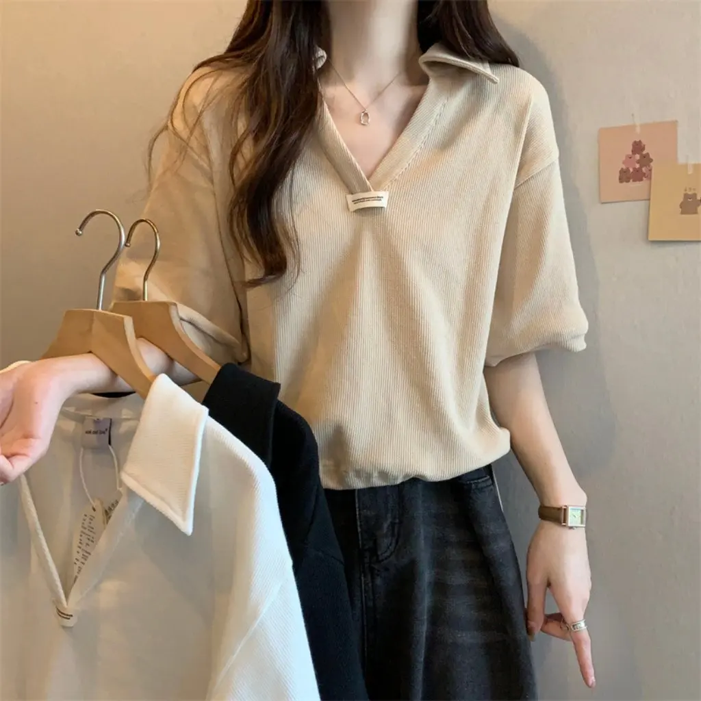 

Women's POLO Collar Drawstring Cotton T-shirt Short-Sleeved V-Neck Summer Trendy Loose Slimming Top