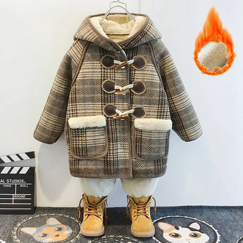 Children\'s Jacket Woolen Coat for Boy Baby Girls Snowsuit Kids Hooded Velvet Insulated Clothes Mid-Length Plaid Windbreaker