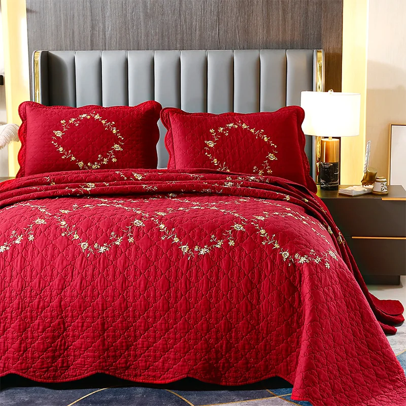 Red Wedding Embroidered Quilt 3-Piece Set, 100% Cotton Breathable Bedspread with Pillowcase, Thick Padded Sheet,King Queen Size