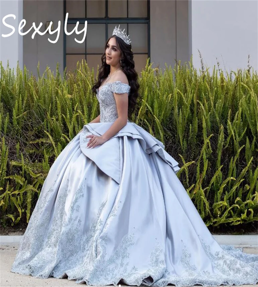 Customized Silver Quinceanera Dress Off Shoulders Ball Gown Para Lace Silk Satin Vestidos de Xv Birthday Party Sweet 16 Dress