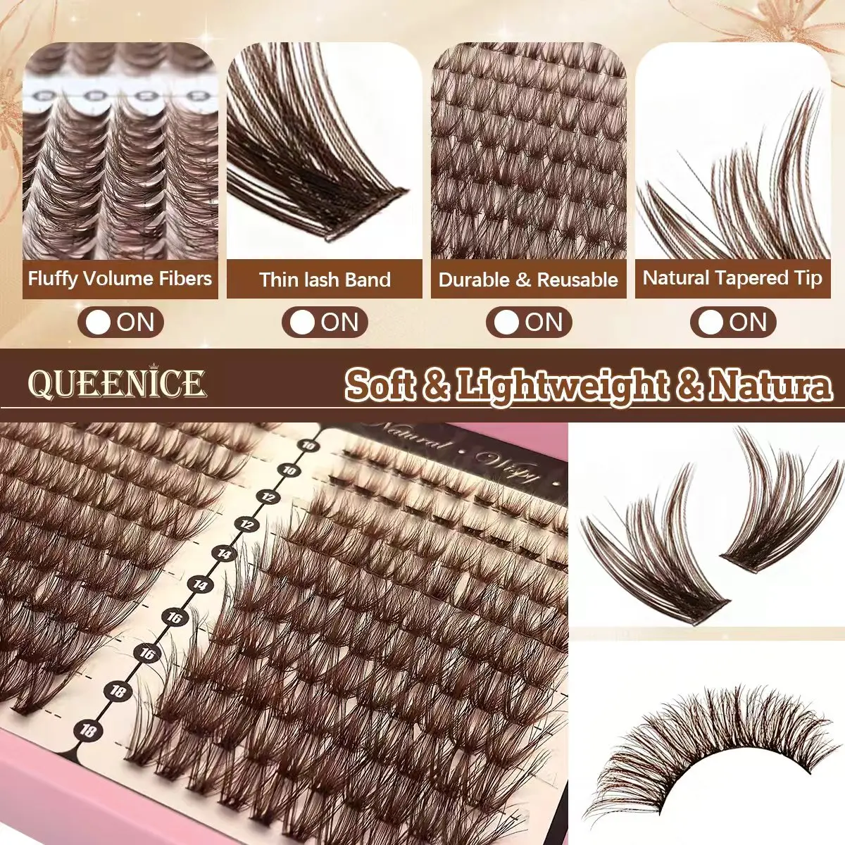 Dark Brown Cluster Lashes Kit, Fluffy Wispy Individual Lash Clusters, DIY Lash Extensions, 10-18mm Mixed Length, Thin Band