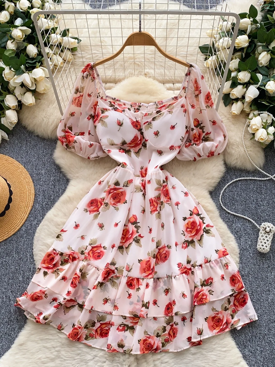 Romantische Blumen Druck Puff Sve ort Dr frauen Sommer Abnehmen Hohe Taille A-linie Rock Koreanische Sle Pendeln Dr