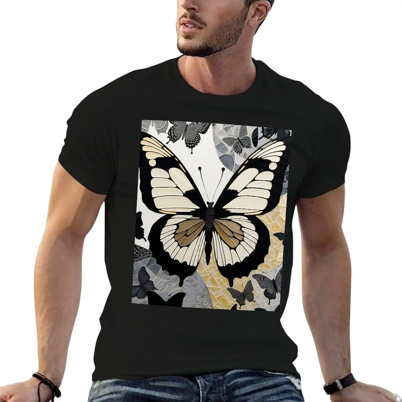 

t Black shirt T-Shirt shirts man Zentangle 100% & White Abstract Vintage cotton Art t for Butterfly