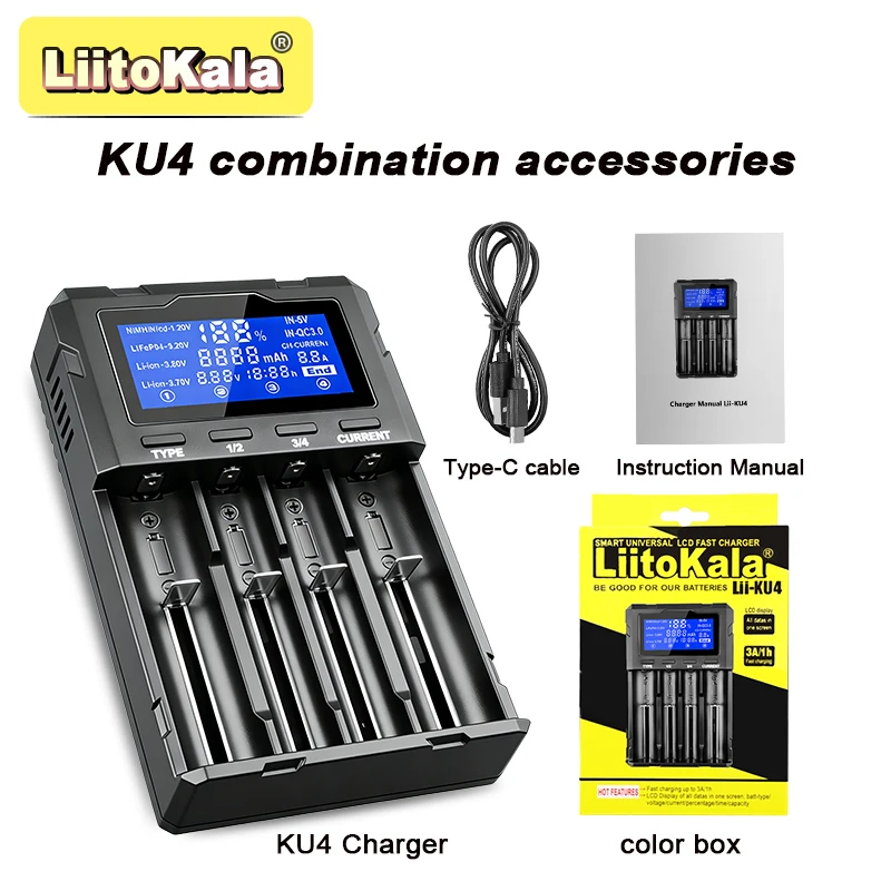 LiitoKala Lii-KU4 Battery Charger,QC3.0 Fast Charging,LCD Display,for 3.7V/1.2V Rechargeable Batteries 26650 21700 18650 AA AAA - view 6