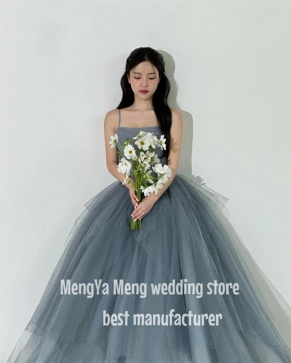 ZUHISHU Dusty Blue Korea A Line Evening Dresses Photo Shoot Ruffles Tiered Fairy Tulle Evening Gown Customised Corset Prom Dress