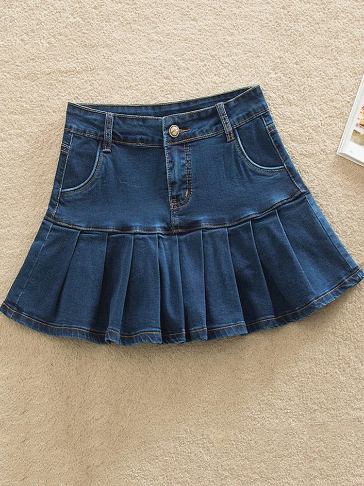 Denim Skirt With Ruffles 6XL 7XL Harajuku Jeans Skater Woman High Waist Bottom Female Casual Pleated Micro Mini Short Jurken