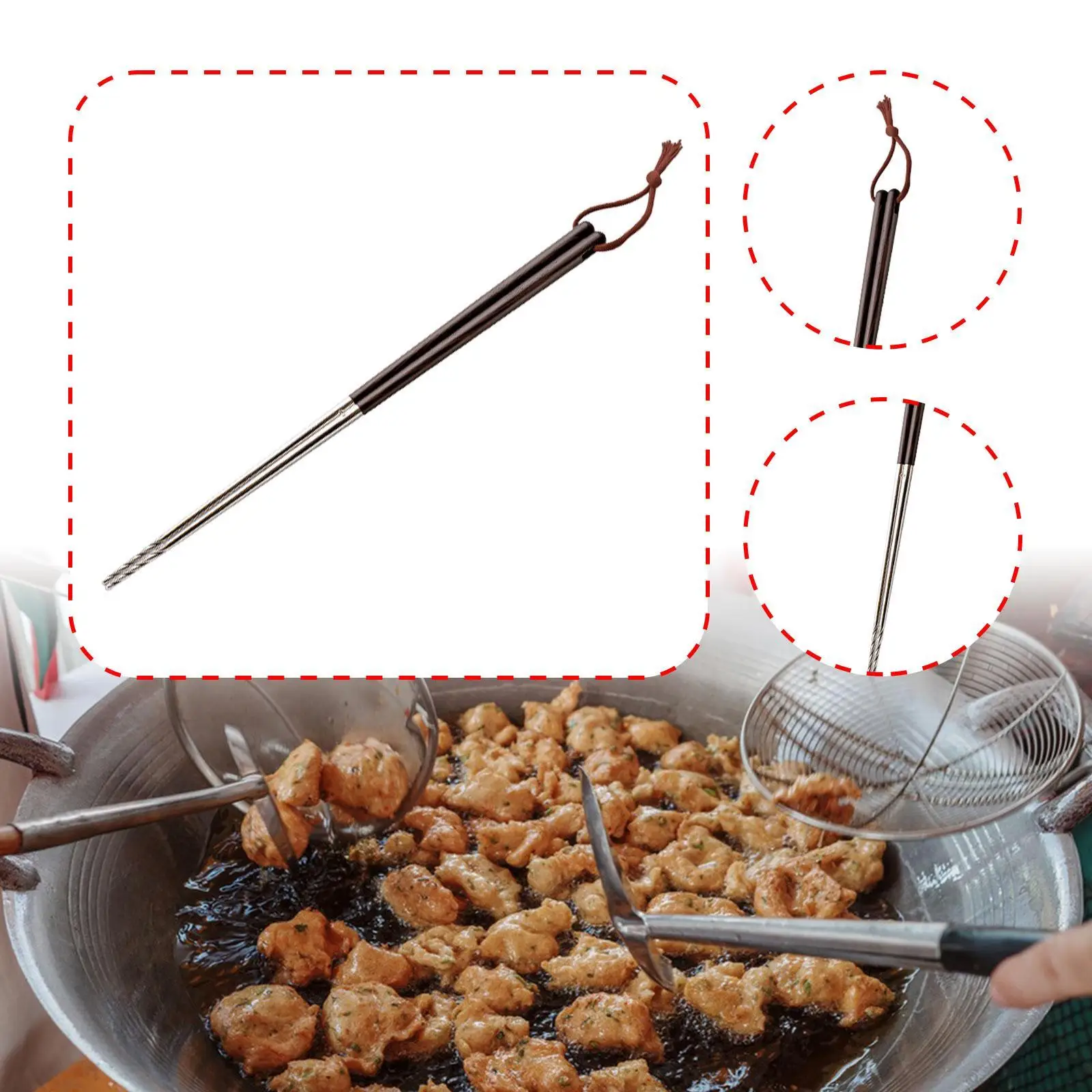 1 زوج عيدان الطبخ مع مقبض خشبي مكافحة السمط عدم الانزلاق طويلة للقلي العميق في ووك للمطعم المطبخ المنزلي