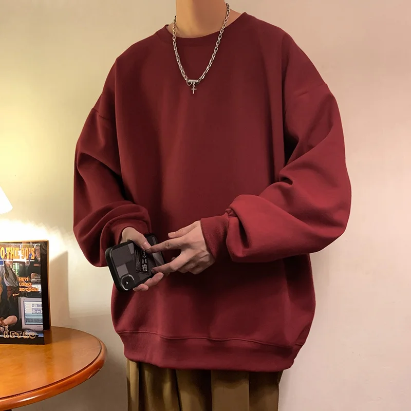 

Мужская толстовка оверсайз с круглым вырезом, весенне-осенняя, винно-красная, в американском ретро-стиле, уличная мода, плотная ткань, базовая модель