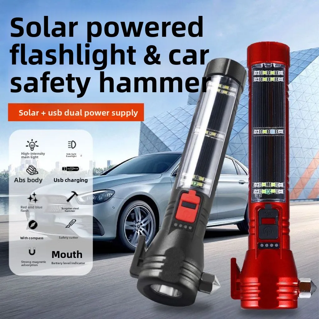 Multifunctional Car Flashlight, LED Solar Outdoor Emergency Light, High-intensity Window Breaker Safety Hammer