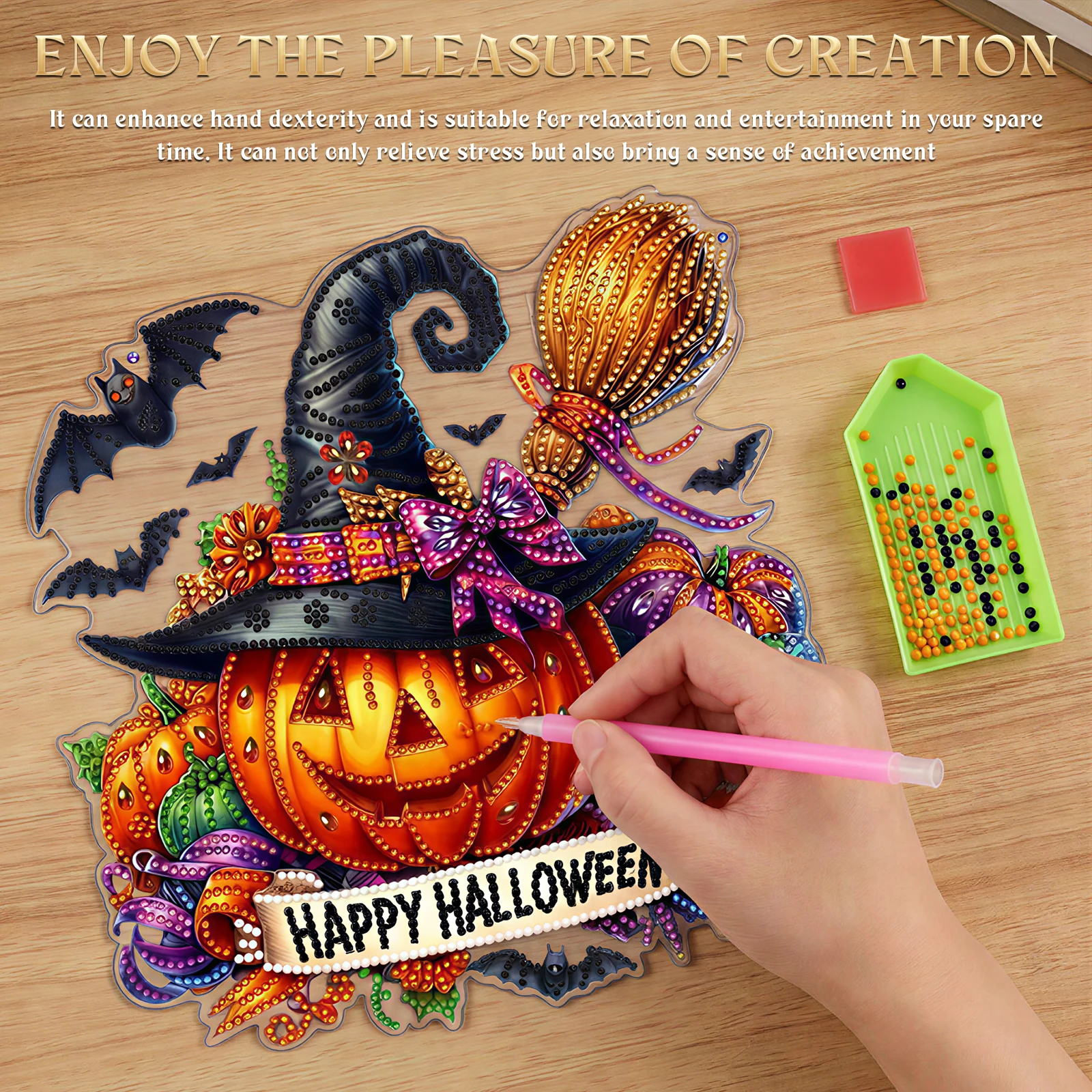 Halloween DIY Acrylic Diamond Art Hanging Kit Special Shaped Rhinestone Halloween Themed Gem Art Pendant for Window Garden Decor