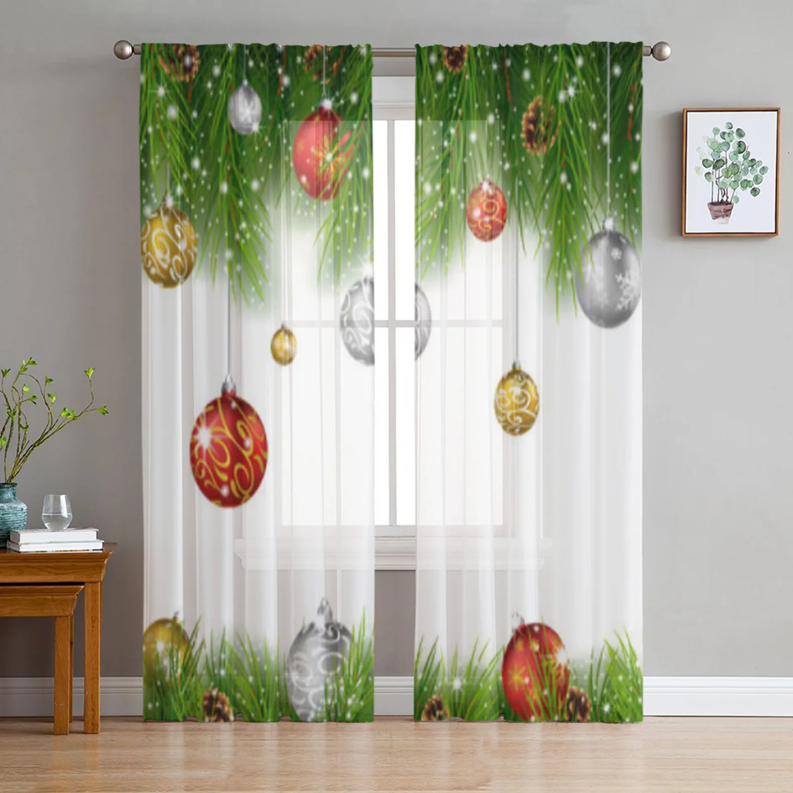 Christmas Fir Tree Branches Sheer Curtains For Living Room Bedroom Balcony Transparent Window Blinds Kitchen Drapes