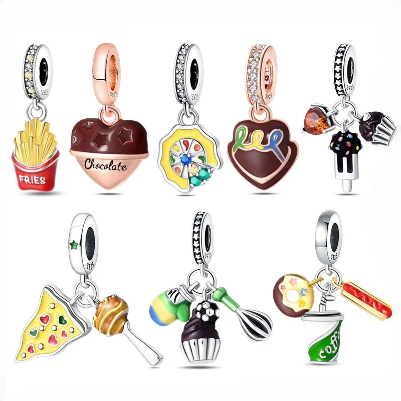 

100% 925 Sterling Silver Pizza Cake Chips Chocolate Colorful Food Charms Fit Pandora Original Bracelet DIY Jewelry Making Gift