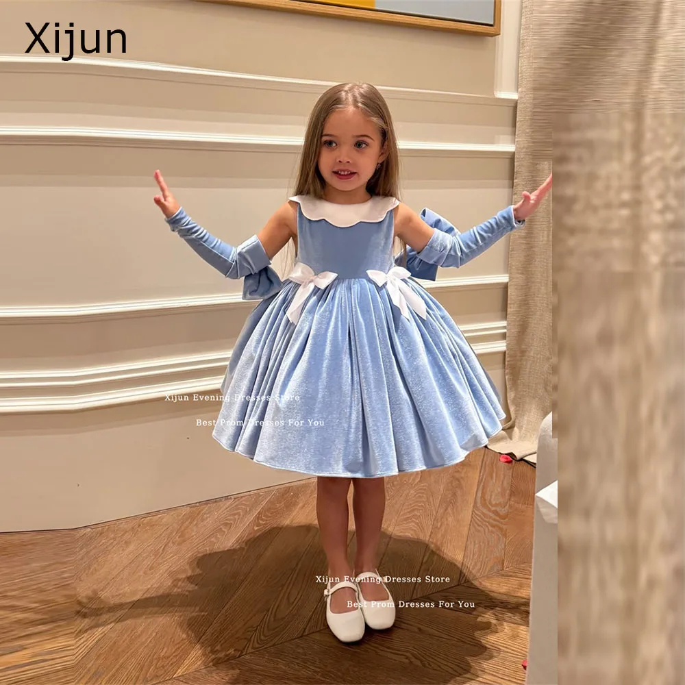 

Xijun Cute Blue Velvet Flower Girl Dresses O-Neck Bows Princess A-Line Wedding Dresses For Kids Birthday Party Dress Customized