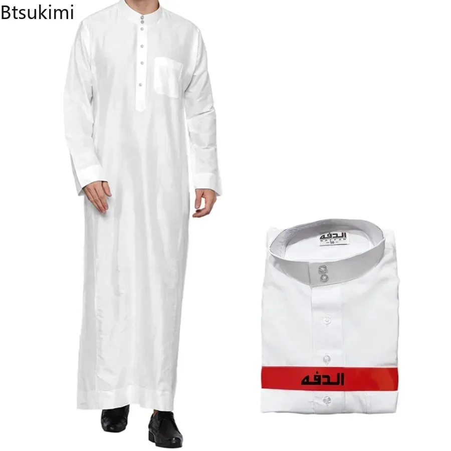 Nieuwe 2025 Moslim Hoge Kwaliteit Abaya mannen Lange Mouw Stand Kraag Kaftan Gewaad met Pocket Ontwerp Pakistan Arabische Mannen jubileum Thobe