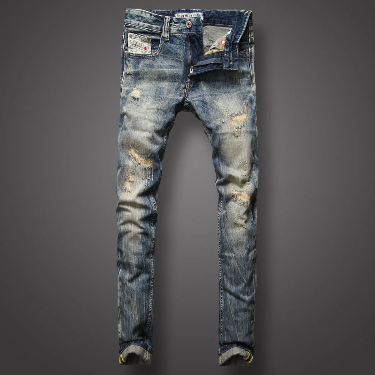 2023 Spring and Autumn New Fashion Casual Solid Color Vintage Ripped Jeans Men's Slim Comfortable Elastic High-Quality Jeans