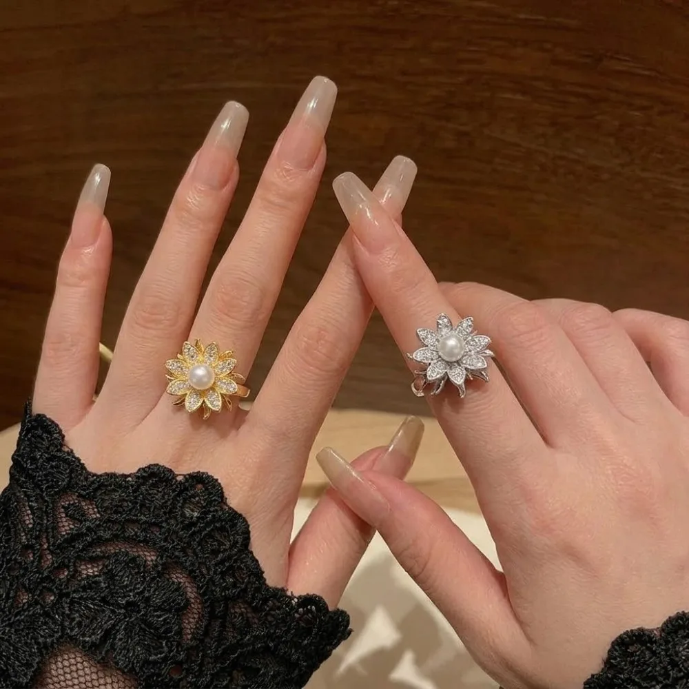 Exquisite Stainless Steel Imitation Pearl Zircon Sun Flowers Adjustable Opening Rings for Women Romantic Finger Jewelry Gifts
