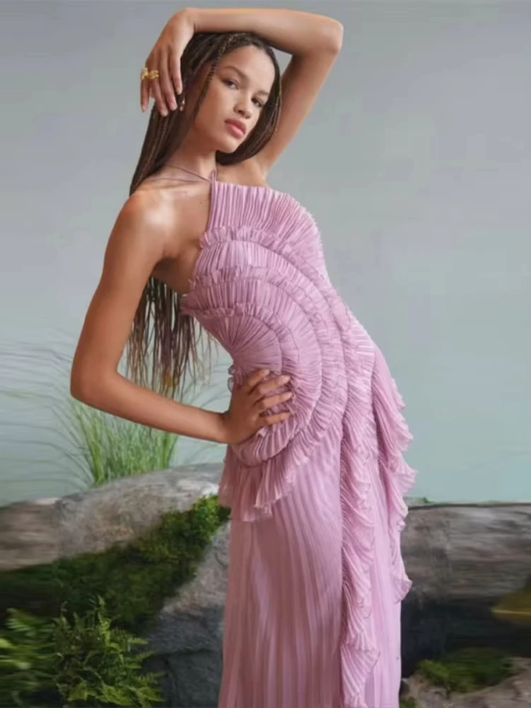 2026 elegante roxo halter uma linha vestidos de baile babados em camadas sem costas vestido de festa verão férias chiffon longo vestido de noite