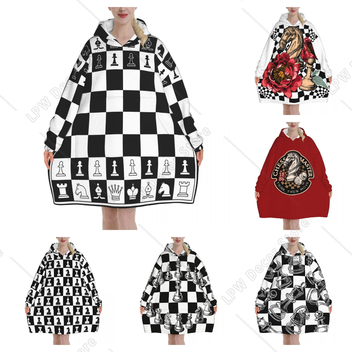 

Black and White Chess Wearable Blanket Hoodie As Gifts for Women Warm Cozy Geometry Art Blanket Sweatshirt Thick