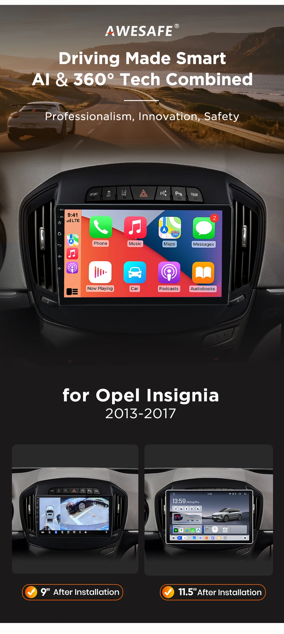 AWESAFE 9' Android Radio für Opel Insignia 2013-2017, kabelloses CarPlay & Android Auto, GPS-Navigation, Multimedia-Unterstützung, Lenkradsteuerung, Subwoofer-Verstärker, Rückfahrkamera mit CAN-BUS Plug-and-Play, DAB+ Digital Autoradio 2 DIN Autoradio Stereo RDS DSP – Detail 3