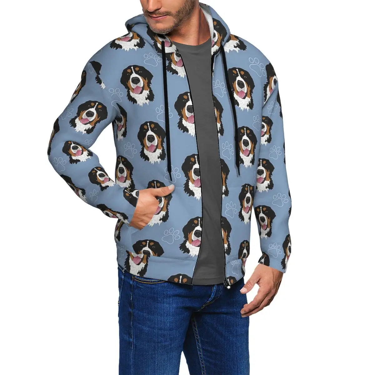 Bernese Mountain Dog Pattern-blue Zipper Hoodies Harajuku Pullover Autumn Winter Men Women Sweatshirt Long Sleeve Tops
