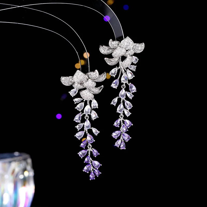 Spring and summer hot style zircon leaf wisteria flower earrings fashionable bridal wedding earrings earrings accessories