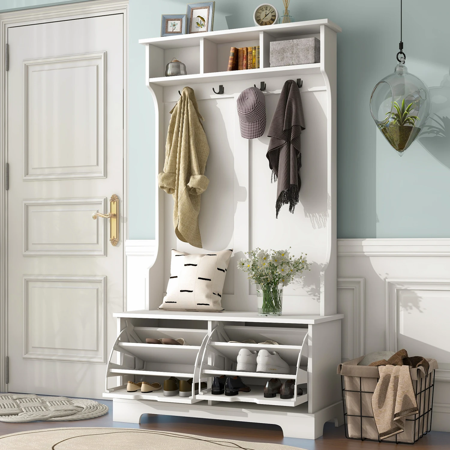 All in One Hall Tree with 3 Shelves, 2 Shoe Storage Drawers, Storage Bench, Hanging Hooks - White