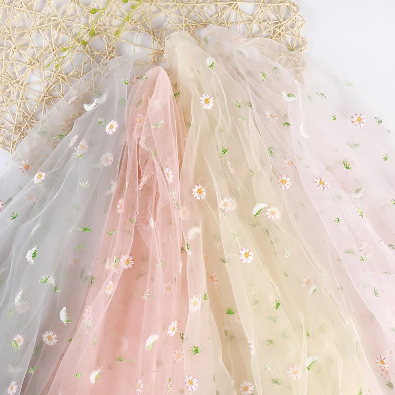 150cm Daisy Flower Embroidery Mesh French Mesh Lace Fabric DIY Curtain Baby Dress Wedding Gauze Fabric Handcrafted Accessories