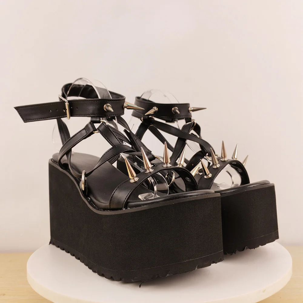 

Black Leather Thick Platform Sandals Girl High Wedge Heeled Punk Style Summer Stud Straps Cool Street Women's Shoes