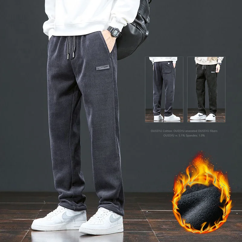 

Winter Fleece Warm Corduroy Pants Men Drawstring Elastic Waist Straight Thick Outdoors Flocking Flannel Casual Trousers Male