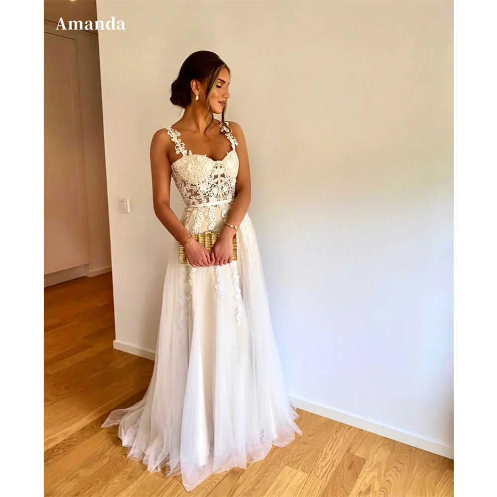 

Amanda Customized White A-Line Lace Embroidery Prom Dresses Sweetheart Neck Pleated vestidos de noche Floor-Length Wedding Party