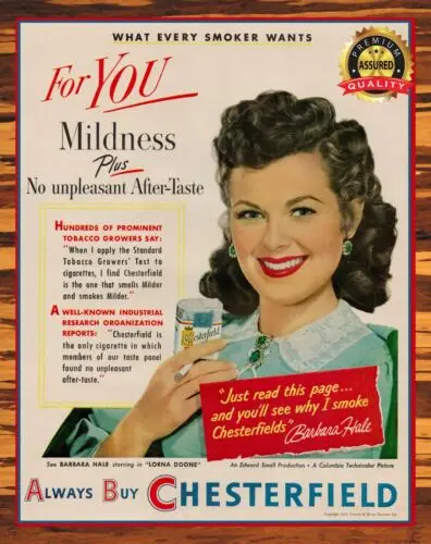 Chesterfield - Cigarettes - Barbara Hale - 1950s - Metal Sign