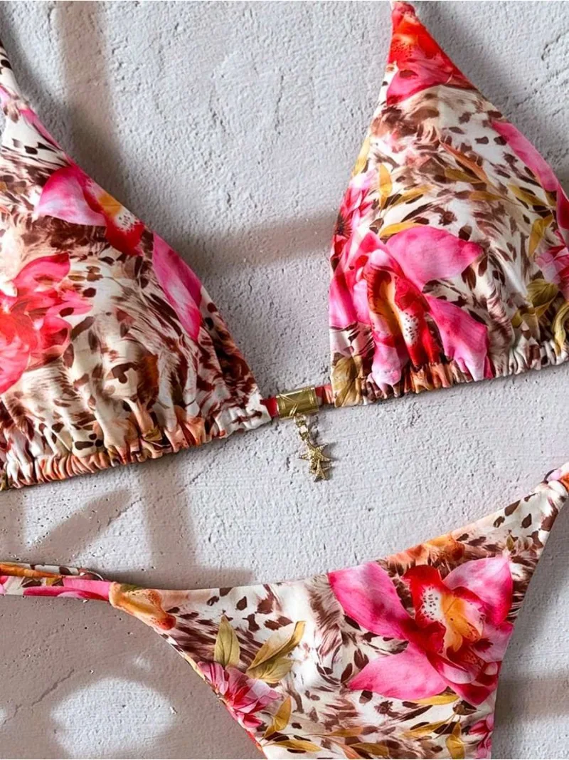 بيكيني نسائي عصري مثير لعام 2025-طباعة الفهد الأزهار كتلة الألوان ربط من قطعتين ملابس سباحة منقسمة لقضاء عطلة الشاطئ وحفلات حمام السباحة