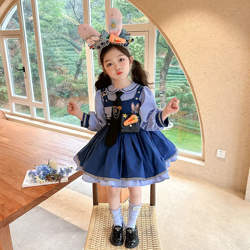 

Детское платье Джуди из Зоотопии в стиле полицейского кролика, новое, весна-осень, для девочек, с цветными вставками, синее, с поясом и галстуком