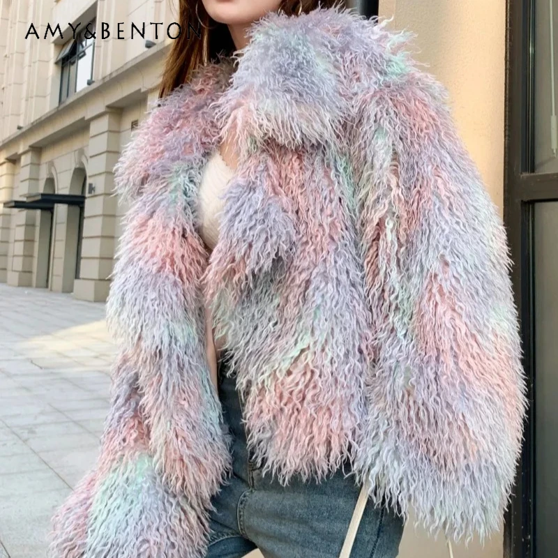 الشتاء شعبية الوردي مصبوغ وأشار طوق فو الفراء معطف الصوف طويل بدلة قصيرة التلبيب معطف المرأة Y2k سترة صوفية مريحة #2