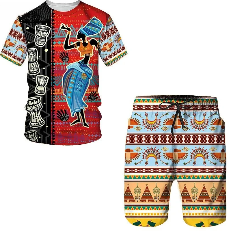 2025 Summer 3D Printed African Folk Pattern Men's T-shirt and Shorts Set 2-piece Set Hip Hop Style Short Sleeve Round Neck