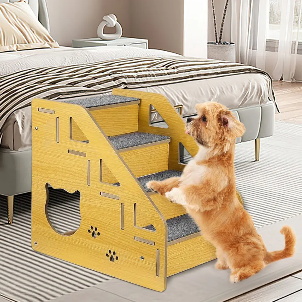 

4-Step Wooden Pet Stairs Nonslip Carpeted Indoor Pet Steps Dog Stairs Ramp Sofa Ladder for Dogs and Cats Pet Accessories