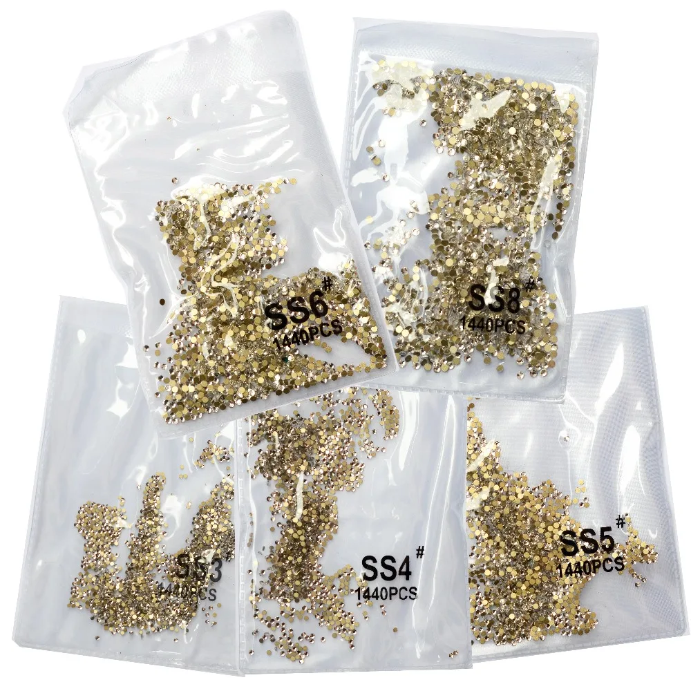 SS3-ss8 1440pcs Clear Crystal AB gold  3D Non HotFix FlatBack Nail Art Rhinestones Decorations Shoes And Dancing Decoration